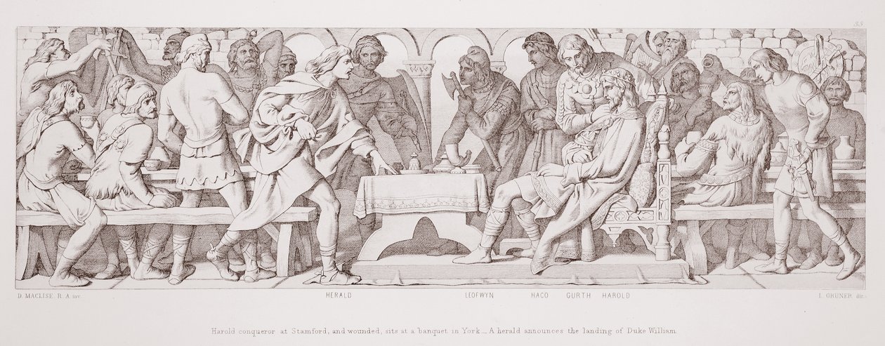 हेरोल्ड, स्टैमफोर्ड में विजेता, और घायल, यॉर्क में एक भोज में बैठता है, और एक हेराल्ड ने ड्यूक विलियम, &39;द स्टोरी ऑफ़ द नॉर्मन कॉन्क्वेस्ट&39; से एल। ग्रुनर द्वारा उकेरी गई 1866 की लैंडिंग की घोषणा की द्वारा डेनियल मैक्लिज़
