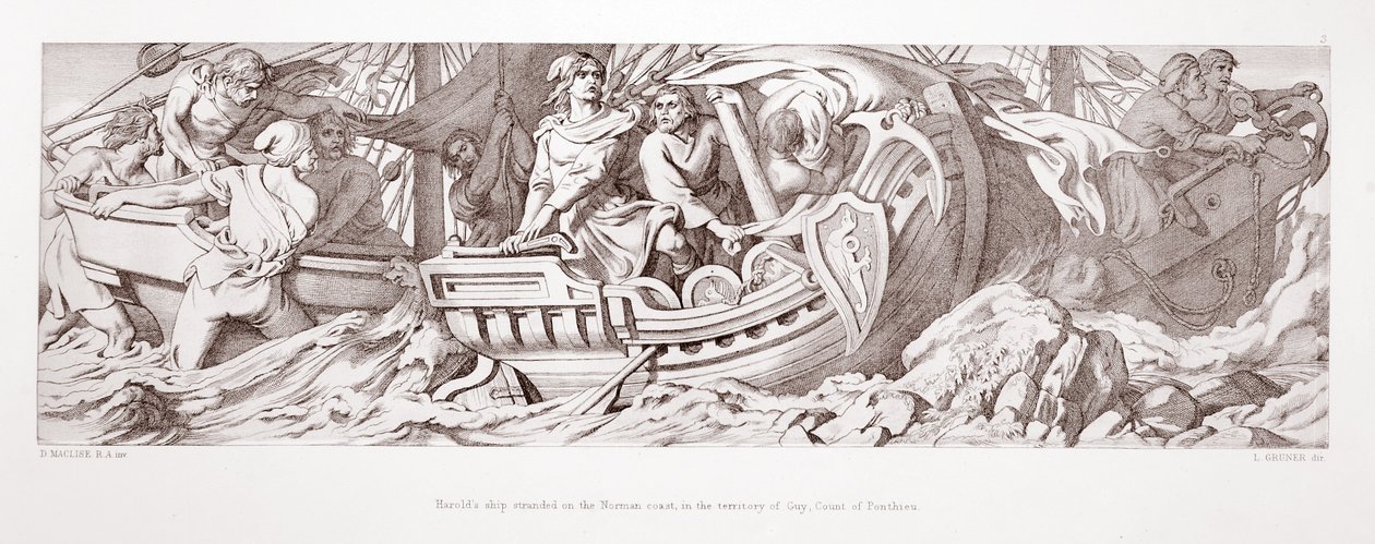 हेरोल्ड का जहाज, एल। ग्रुनेर, 1866 88: हेरोल्ड II (c.1022-66) द्वारा उत्कीर्ण, &39;द स्टोरी ऑफ द नॉर्मन कॉन्क्वेस्ट&39; से, गाउट, पंटियु के क्षेत्र में, नॉर्मन तट पर फंसा। द्वारा डेनियल मैक्लिज़