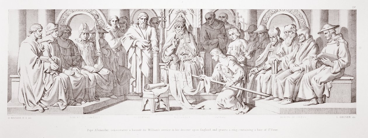 पोप अलेक्जेंडर इंग्लैंड में अपने वंश में विलियम की सेवा के लिए एक बैनर का अभिषेक करते हैं, और एल। ग्रुनेर द्वारा उकेरी गई &39;द स्टोरी ऑफ द नॉर्मन कॉन्क्वेस्ट&39; से सेंट पीटर के बालों वाली एक अंगूठी देते हैं, द्वारा डेनियल मैक्लिज़