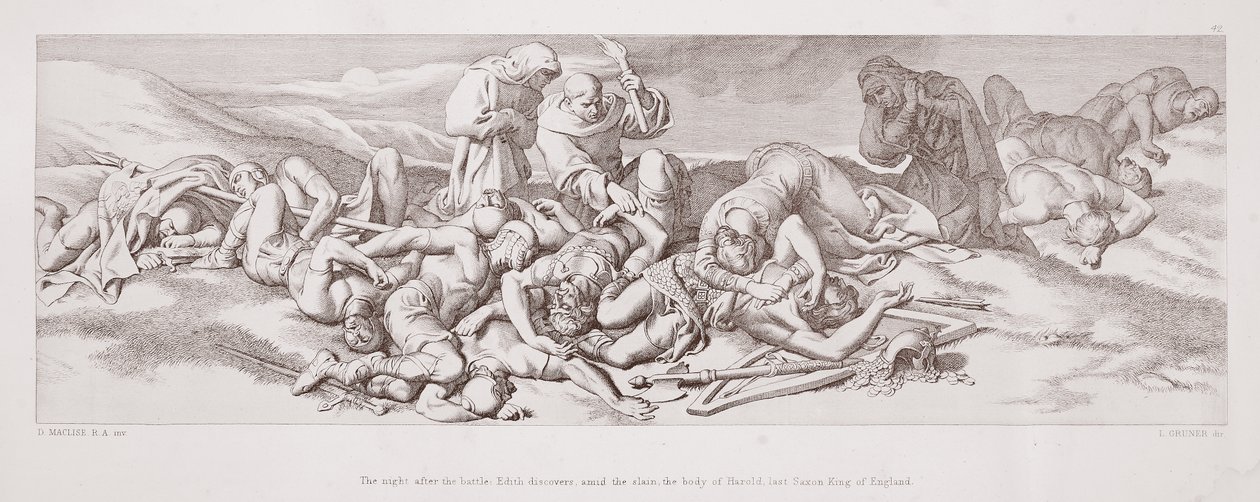 लड़ाई के बाद की रात, एडिथ को पता चलता है कि, एल। ग्रुनर द्वारा उकेरी गई &39;द स्टोरी ऑफ द नॉर्मन कॉन्क्वेस्ट&39; से इंग्लैंड के आखिरी सैक्सन राजा हेरोल्ड के शरीर को मार दिया गया था। द्वारा डेनियल मैक्लिज़