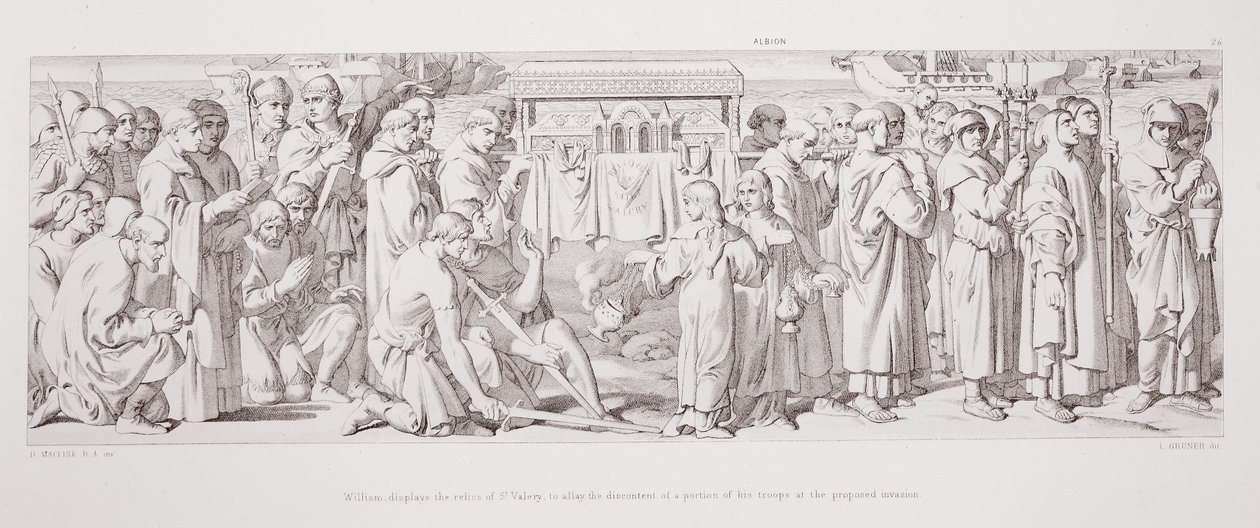 विलियम एल। ग्रूनर द्वारा उत्कीर्ण &39;द स्टोरी ऑफ द नॉर्मन कॉन्क्वेस्ट&39; से प्रस्तावित आक्रमण पर अपने सैनिकों के एक हिस्से के असंतोष को दूर करने के लिए सेंट वैलेरी के अवशेष प्रदर्शित करता है द्वारा डेनियल मैक्लिज़