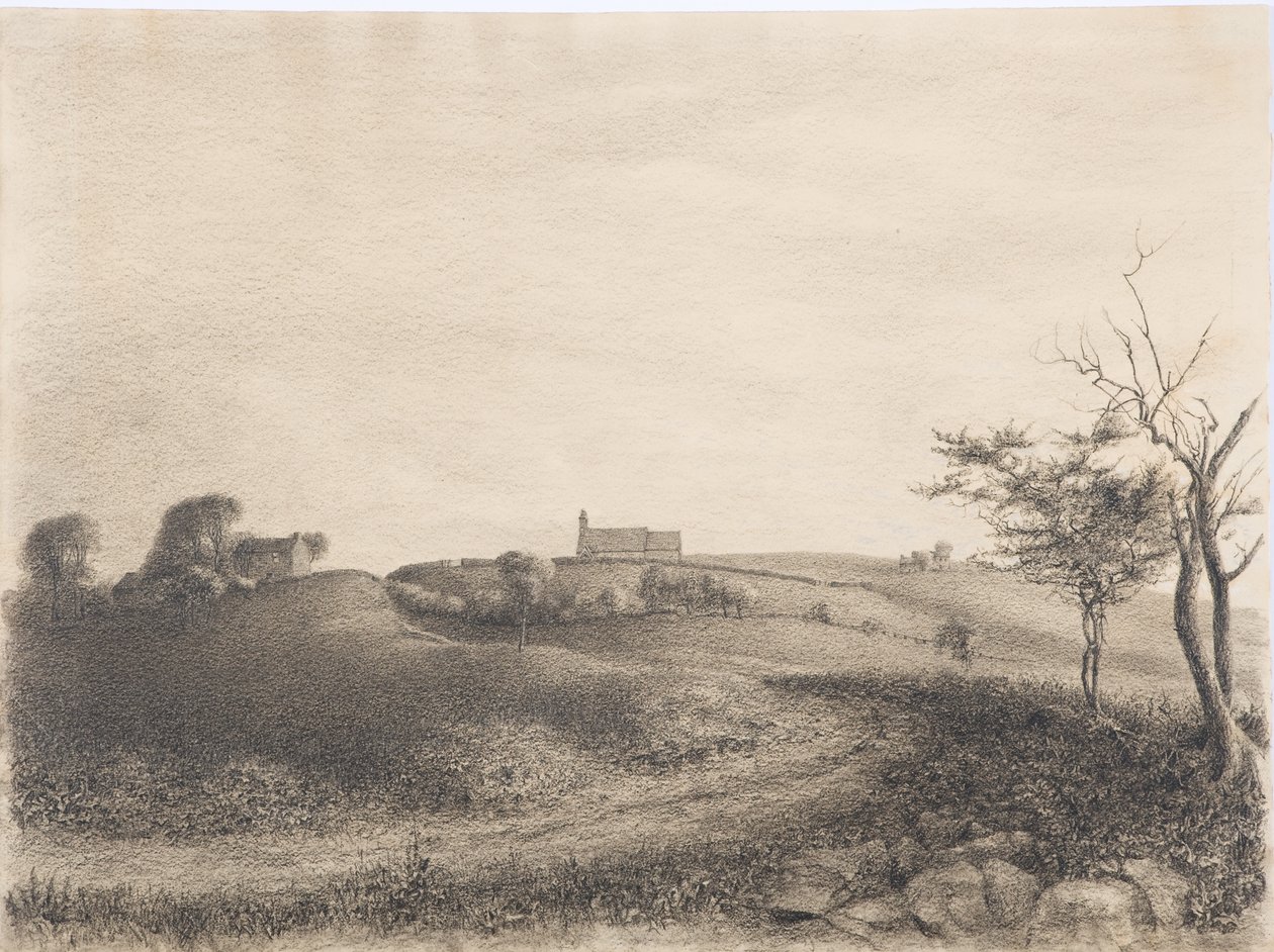 पैरिश चर्च, c.1916 (कागज पर लकड़ी का कोयला) द्वारा डैनियल ओलिवर