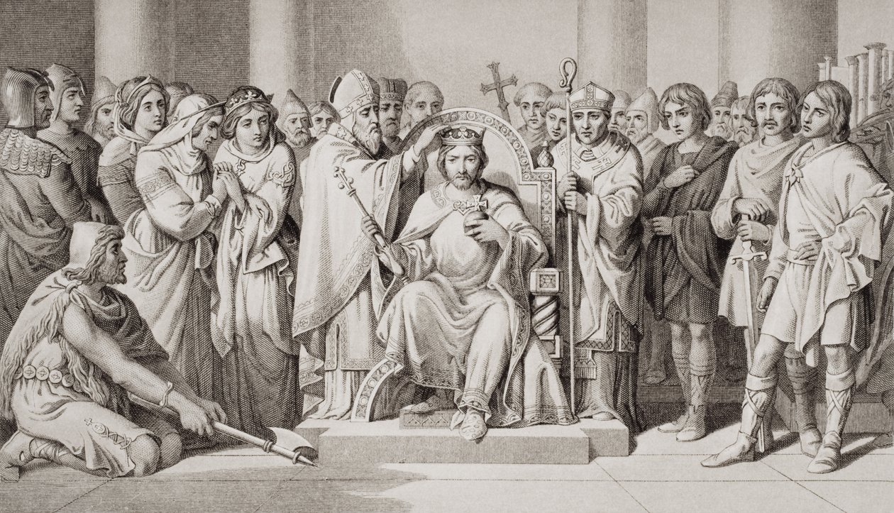 हेरोल्ड II का राज्याभिषेक (c.1022-66) 1066 ई। में एंग्लो-सैक्सन का राजा, &39;अंग्रेजी और स्कॉटिश इतिहास का चित्रण&39; खंड I द्वारा डेनियल मैक्लिज़