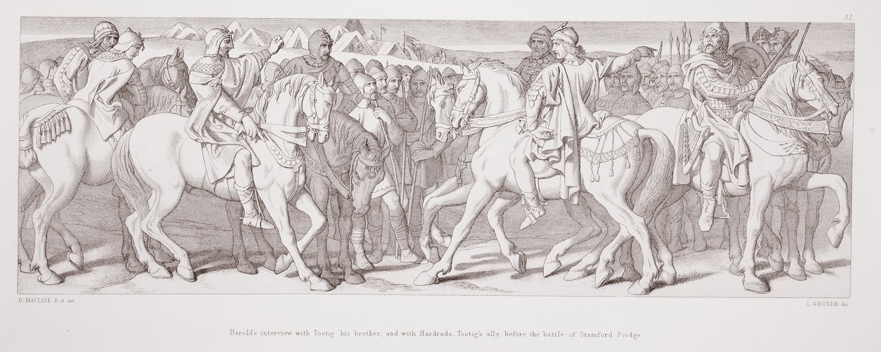 टॉस्टिग, उनके भाई और हार्डाडा के साथ हेरोल्ड का साक्षात्कार टॉस्टिग के सहयोगी, स्टैमफोर्ड ब्रिज की लड़ाई से पहले, &39;द स्टोरी ऑफ द नॉर्मन कॉन्क्वेस्ट&39; से, एल। ग्रूनर द्वारा उकेरा गया, 1866 द्वारा डेनियल मैक्लिज़