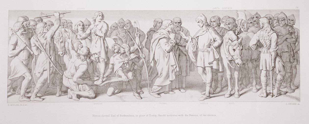 मोरकार, टॉस्टिग के स्थान पर नॉर्थम्ब्रिया के अर्ल चुने गए, हेरोल्ड ने एल। ग्रूनर द्वारा उत्कीर्ण &39;द स्टोरी ऑफ द नॉर्मन कॉन्क्वेस्ट&39; से चुनाव की नूनकोसिस के साथ मध्यस्थता की, 1866 द्वारा डेनियल मैक्लिज़
