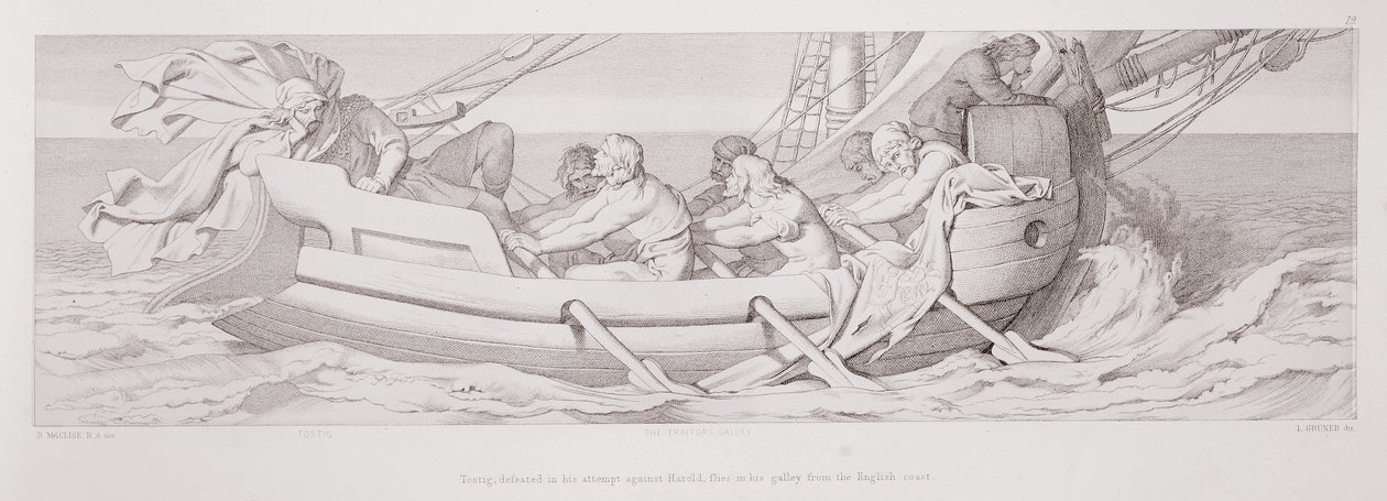 टॉस्टिग, हेरोल्ड के खिलाफ अपने प्रयास में पराजित, एल। ग्रूनर द्वारा उत्कीर्ण &39;द स्टोरी ऑफ द नॉर्मन कॉन्क्वेस्ट&39; से, अंग्रेजी तट से अपनी गली में उड़ता है, 1866 द्वारा डेनियल मैक्लिज़