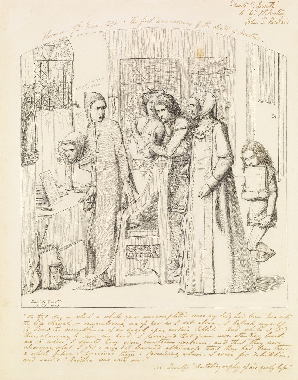 दांते, 1848-9 की मौत की पहली वर्षगांठ पर एक परी का चित्रण द्वारा डांटे गेब्रियल चार्ल्स रोसेटी
