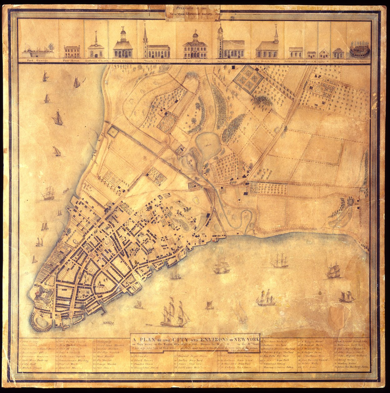 न्यूयॉर्क की सिटी और एनवायरन की योजना 1742-1744, 1813 पेन-एंड-इंक ब्लैक और कलर, वाटर कलर, पेंसिल पेपर पर थी। द्वारा डेविड ग्रिम