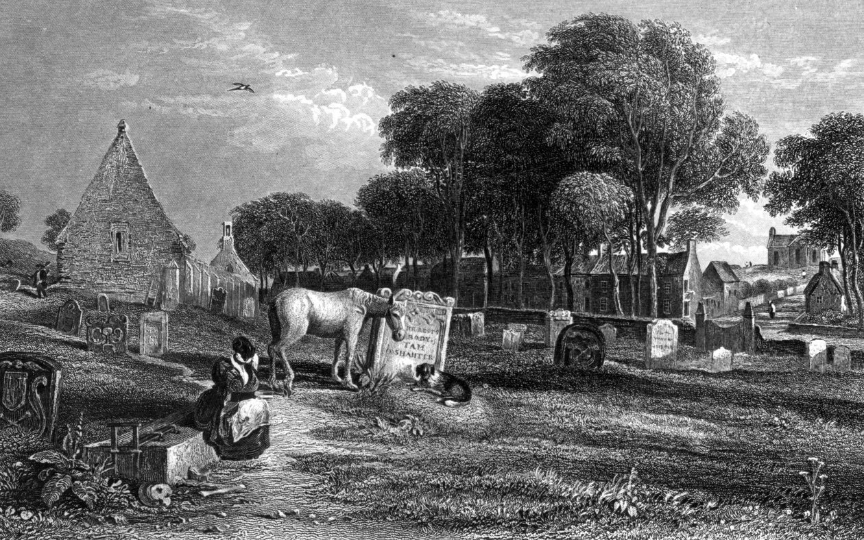 किर्कोस्वल्ड और टैम ओ&39;शनेर की कब्र, डब्ल्यू। रिचर्डसन द्वारा उकेरी गई, &39;द लैंड ऑफ बर्न्स - लैंडस्केप्स एंड पोर्ट्रेट्स की एक श्रृंखला, चित्रण और जीवन और स्कॉटिश कवि के लेखन से चित्रण द्वारा डेविड ऑक्टेवियस हिल