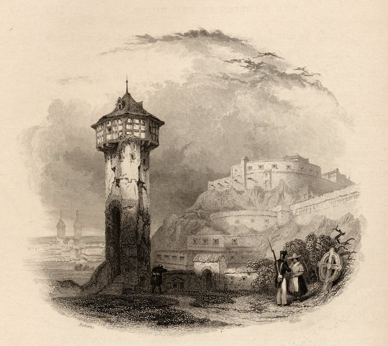 थाल में रोमन टॉवर, ईरेनब्रिटस्टीन, वालिस द्वारा उकेरा गया, 1840 में प्रकाशित &39;द पिलग्रिम्स ऑफ़ द राइन&39; का चित्रण द्वारा डेविड रॉबर्ट्स