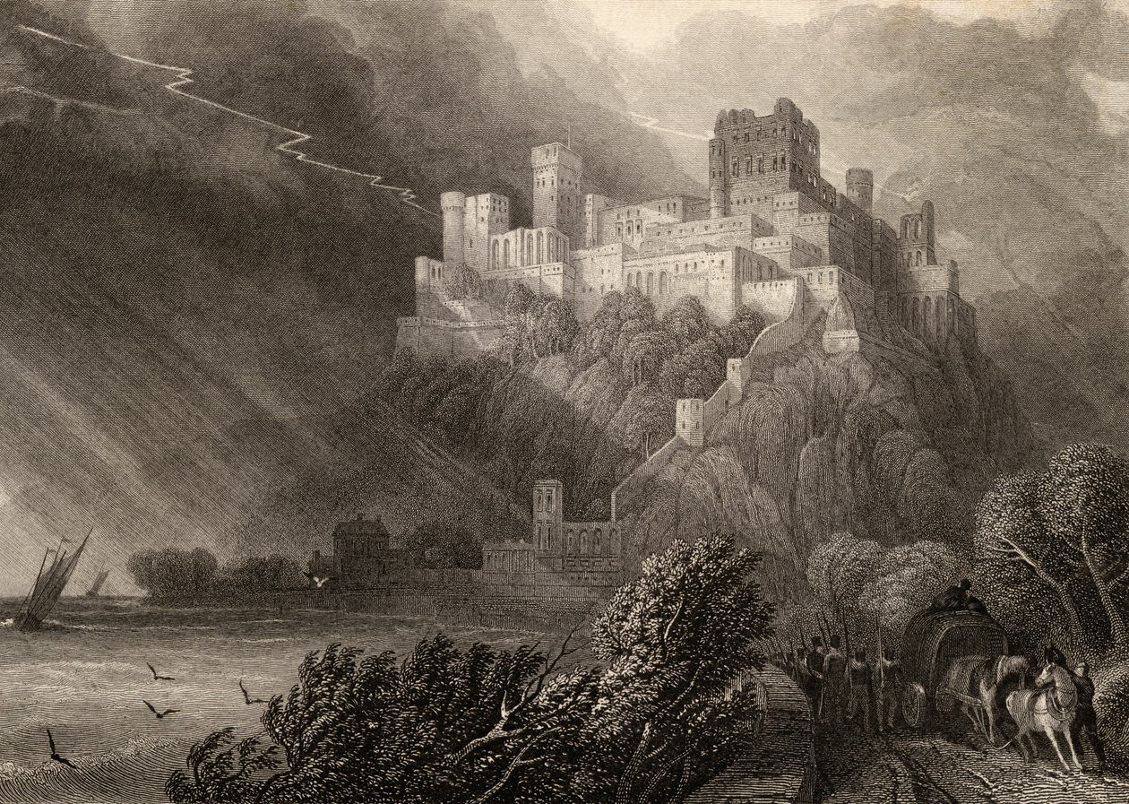 1840 में प्रकाशित &39;द पिल्ग्रिम्स ऑफ़ द राइन&39; के चित्रण, डब्ल्यू। रैडक्लिफ द्वारा उकेरे गए रिनफेल्स के खंडहर द्वारा डेविड रॉबर्ट्स
