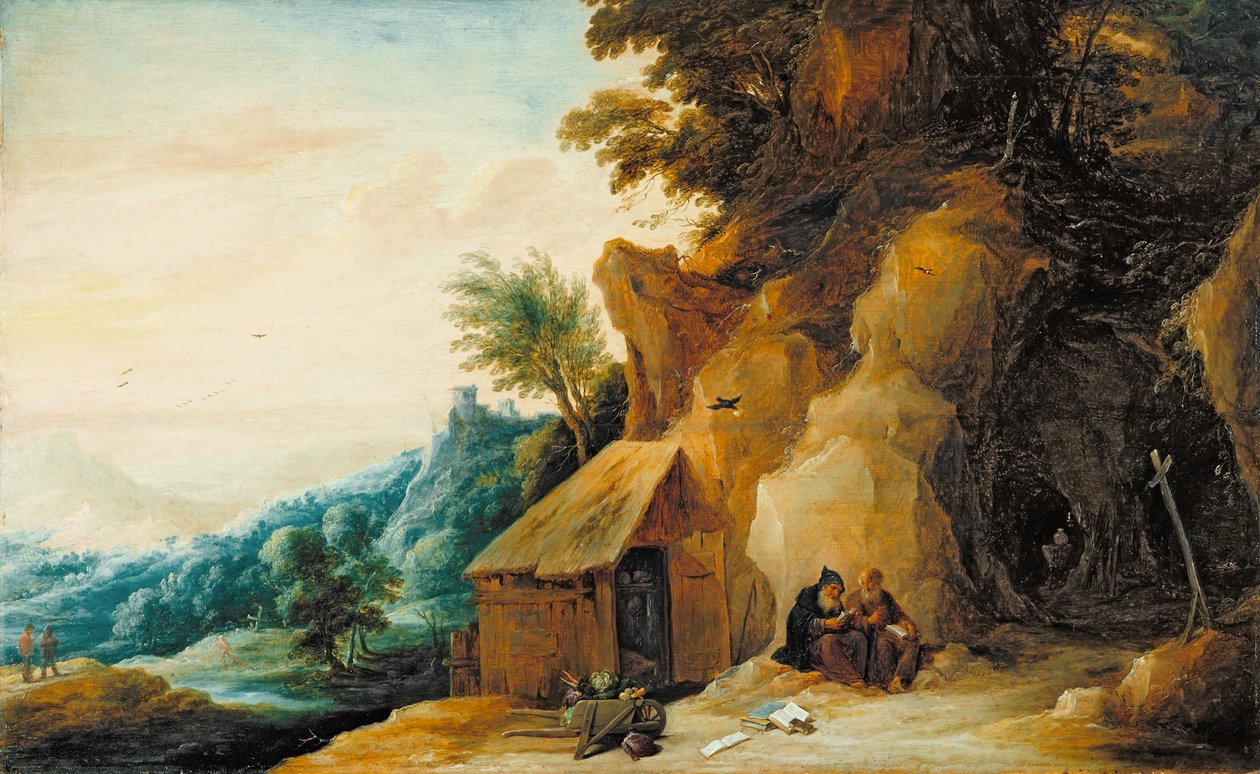सेंट एंथोनी एंड पॉल इन ए लैंडस्केप, c.1636-38 (पैनल ऑन ऑइल टू मेसोनाइट) द्वारा डेविड टेनियर्स द यंगर