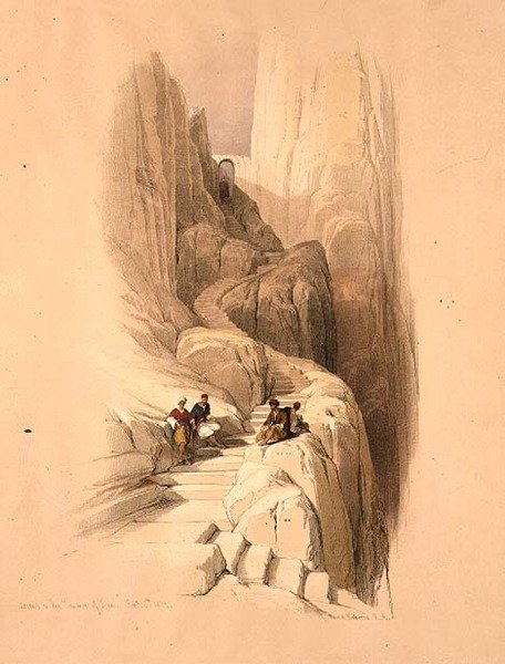 सिनाई के शिखर सम्मेलन के लिए चढ़ाई, 20 फरवरी 1839, 'द होली लैंड' के खंड III से प्लेट 115, लुई हाघे (1806-85) पब द्वारा उकेरा गया। 1849 (लिथो) द्वारा डेविड (बाद में) रॉबर्ट्स