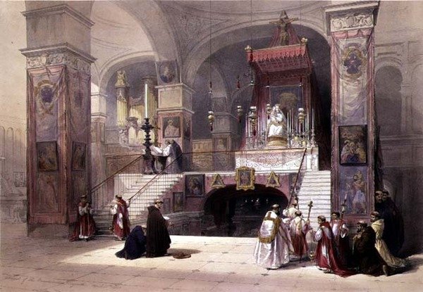 घोषणा का चैपल, नाज़रेथ, 28 अप्रैल 1839, लुई हाघे (1806-85) पब द्वारा उकेरी गई 'द होली लैंड' के खंड I से प्लेट 32। 1842 (लिथो) द्वारा डेविड (बाद में) रॉबर्ट्स