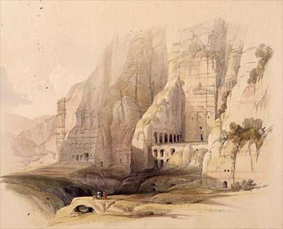पेट्रा की उत्खनन हवेली, 7 मार्च 1839, 'द होली लैंड' के खंड III से प्लेट 103, लुई हाघे (1806-85) पब द्वारा उकेरी गई। 1849 (लिथो) द्वारा डेविड (बाद में) रॉबर्ट्स