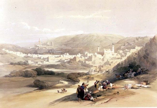 हेब्रोन, 18 मार्च 1839, लुई हाघे (1806-85) पब द्वारा उकेरी गई 'द होली लैंड' के खंड II से प्लेट 55। 1843 (लिथो) द्वारा डेविड (बाद में) रॉबर्ट्स