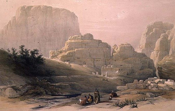 लुई हाघे (1806-85) पब द्वारा उकेरी गई 'द होली लैंड' के खंड III से एक्रोपोलिस, पेट्रा, 9 मार्च 1839, प्लेट 102 को दिखाते हुए घाटी का निचला छोर। 1849 (लिथो) द्वारा डेविड (बाद में) रॉबर्ट्स