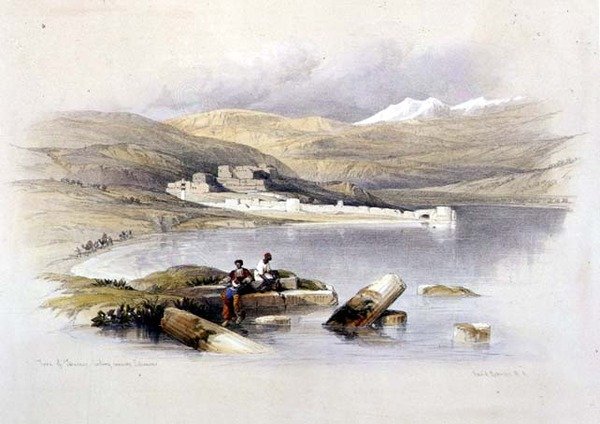 लेबनान की ओर देख रहे तिबरियास शहर, लुई हाघे (1806-85) पब द्वारा उकेरी गई 'द होली लैंड' के खंड I से प्लेट 35। 1842 (लिथो) द्वारा डेविड (बाद में) रॉबर्ट्स