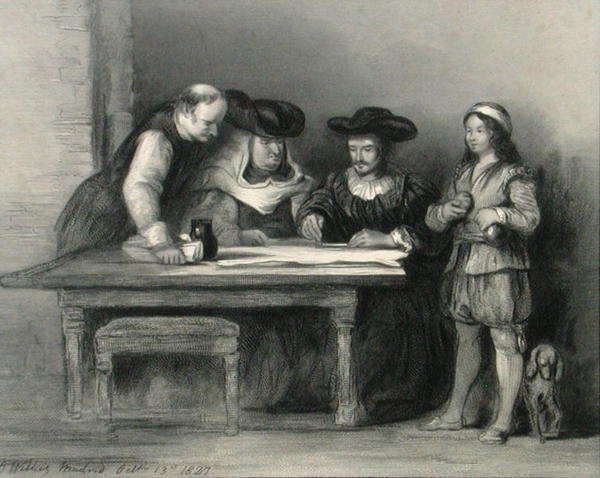 क्रिस्टोफर कोलंबस (1451-1506) 'द गैलरी ऑफ़ पोर्ट्रेट्स' से ला रबिडा के मठ में, 1833 में प्रकाशित (उत्कीर्णन) द्वारा डेविड (बाद में) विल्की