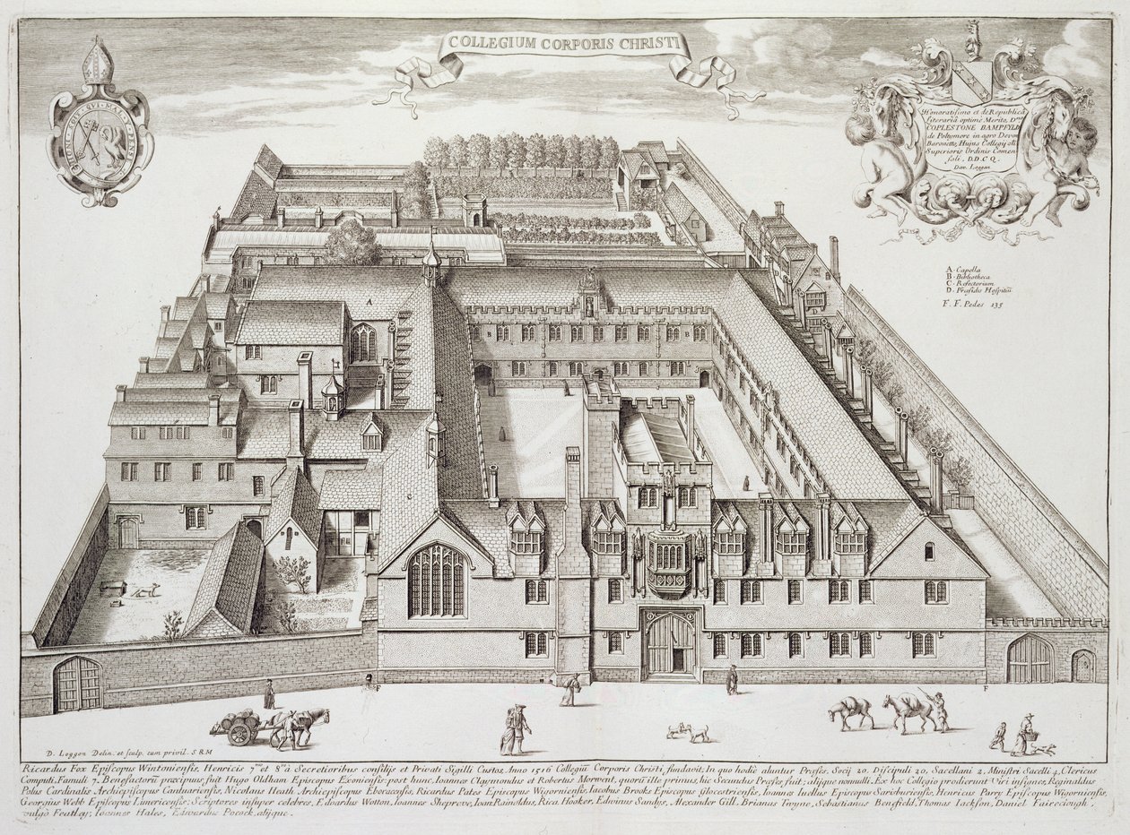 कॉर्पस क्रिस्टी कॉलेज, ऑक्सफोर्ड, 'ऑक्सोनिया इलस्ट्रेटेड' से, 1675 में प्रकाशित (उत्कीर्णन) द्वारा डेविड लोगन