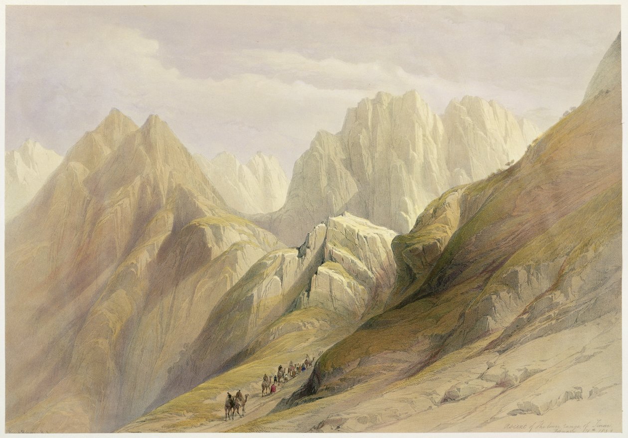 लुईस हागे (1806-85) पब द्वारा उत्कीर्ण &39;द होली लैंड&39; के वॉल्यूम III से प्लेट 114, सिनाई की लोअर रेंज की चढ़ाई, फरवरी 18 1839। 1849 द्वारा डेविड रॉबर्ट्स