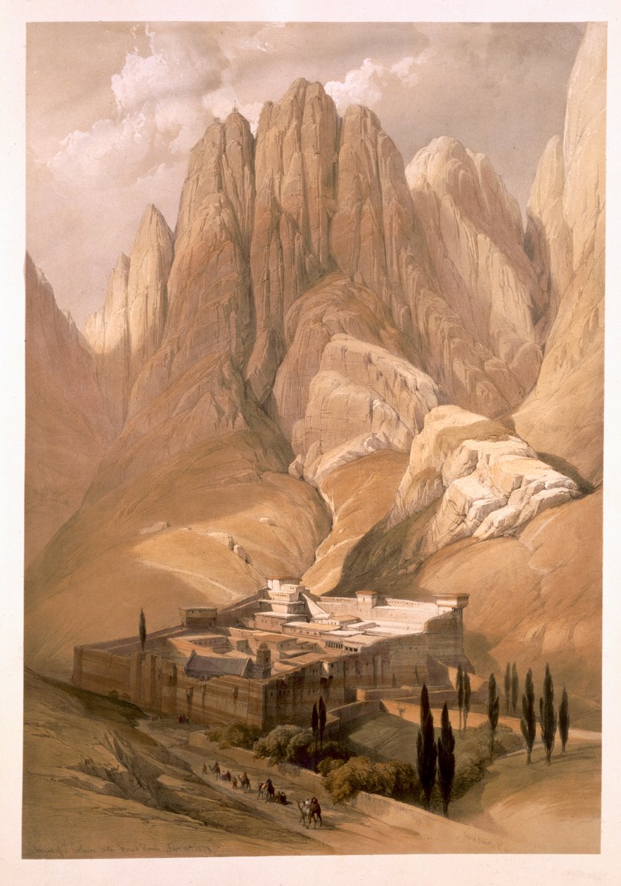 लुई होगे (1806-85) पब द्वारा उकेरी गई &39;द होली लैंड&39; के वॉल्यूम III से माउंट होरेब, फरवरी 19 1839 में सेंट कैथरीन के साथ कॉन्वेंट को हटा दिया गया। 1849 द्वारा डेविड रॉबर्ट्स