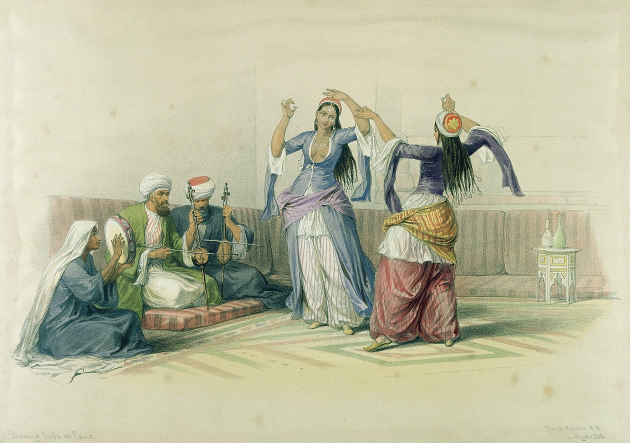 लुइस हेघे (1806-85) द्वारा उकेरी गई &39;मिस्र और नूबिया&39; से काहिरा में नृत्य करने वाली लड़कियां द्वारा डेविड रॉबर्ट्स