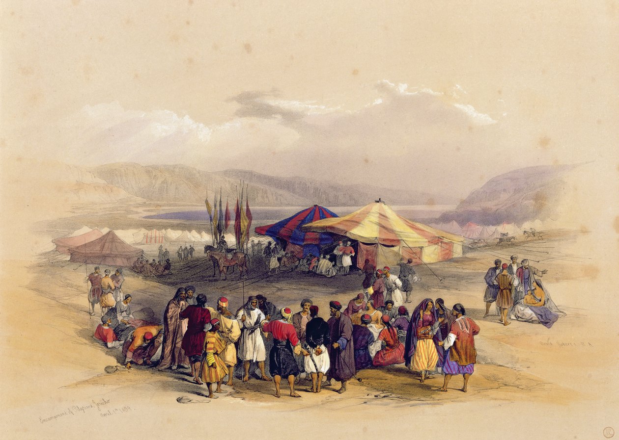1 अप्रैल 1839 को जेरिको के तीर्थयात्रियों का संग्रह, &39;द होली लैंड&39; के खंड II से; लंदन में 1842 में प्रकाशित लुई हेघे (1806-85) द्वारा उत्कीर्ण द्वारा डेविड रॉबर्ट्स