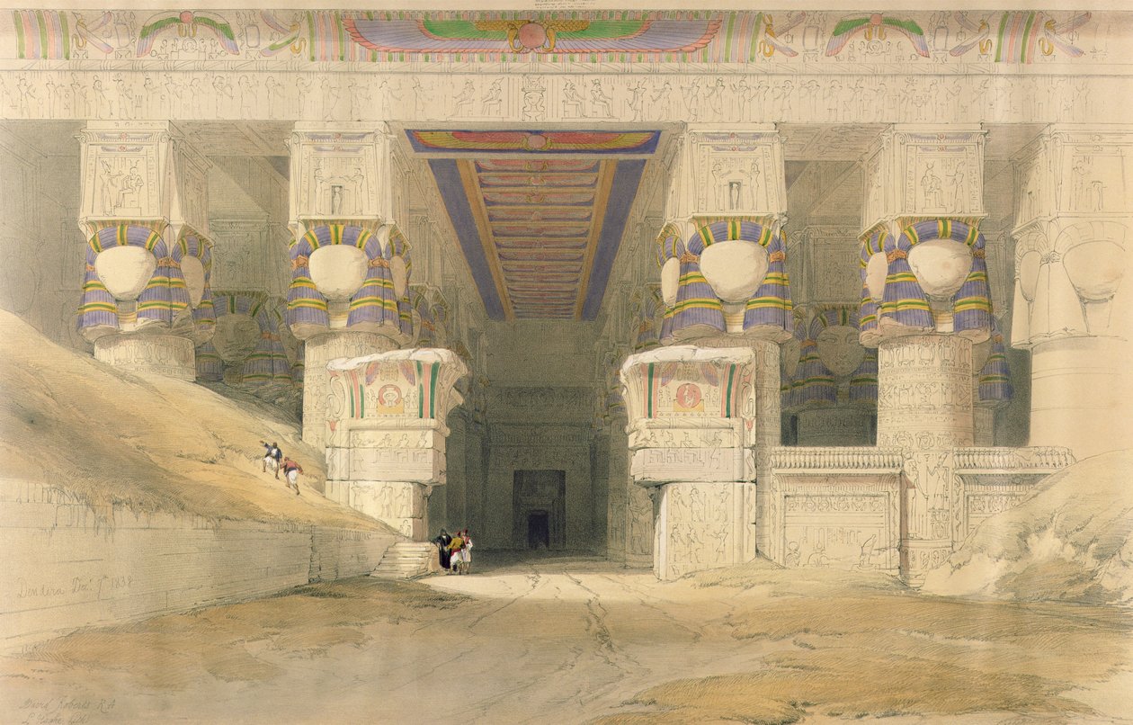 लंदन, 1838 में प्रकाशित लुइस हेघे (1806-85) द्वारा उत्कीर्ण &39;मिस्र और नूबिया&39; से हाथर के मंदिर का पहलू द्वारा डेविड रॉबर्ट्स