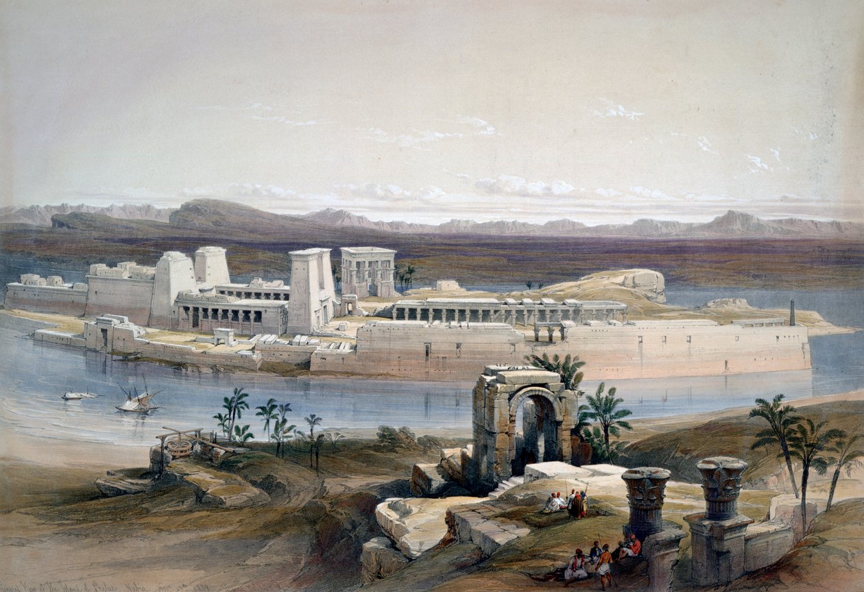 Philae, नूबिया, 1838 के द्वीप का सामान्य दृश्य द्वारा डेविड रॉबर्ट्स