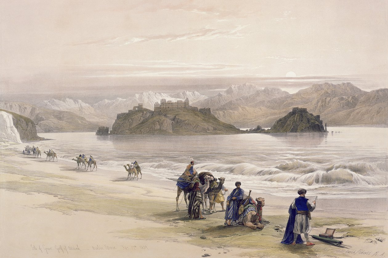 आइल ऑफ ग्रेवी, अकाब की खाड़ी, अरब पेट्राए, फरवरी 27, 1839, लुई हागे (1806-85) पब द्वारा उत्कीर्ण &39;द होली लैंड&39; के वॉल्यूम III से प्लेट 108। 1849 द्वारा डेविड रॉबर्ट्स