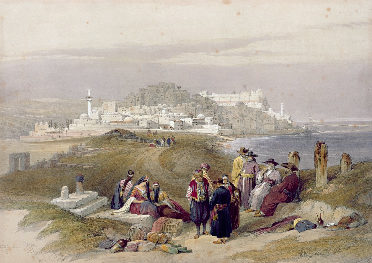 जाफा, प्राचीन जोपा, अप्रैल 16 1839, &39;द होली लैंड&39; के खंड II से प्लेट 61, लुई हागे (1806-85) पब द्वारा उत्कीर्ण। 1843 द्वारा डेविड रॉबर्ट्स