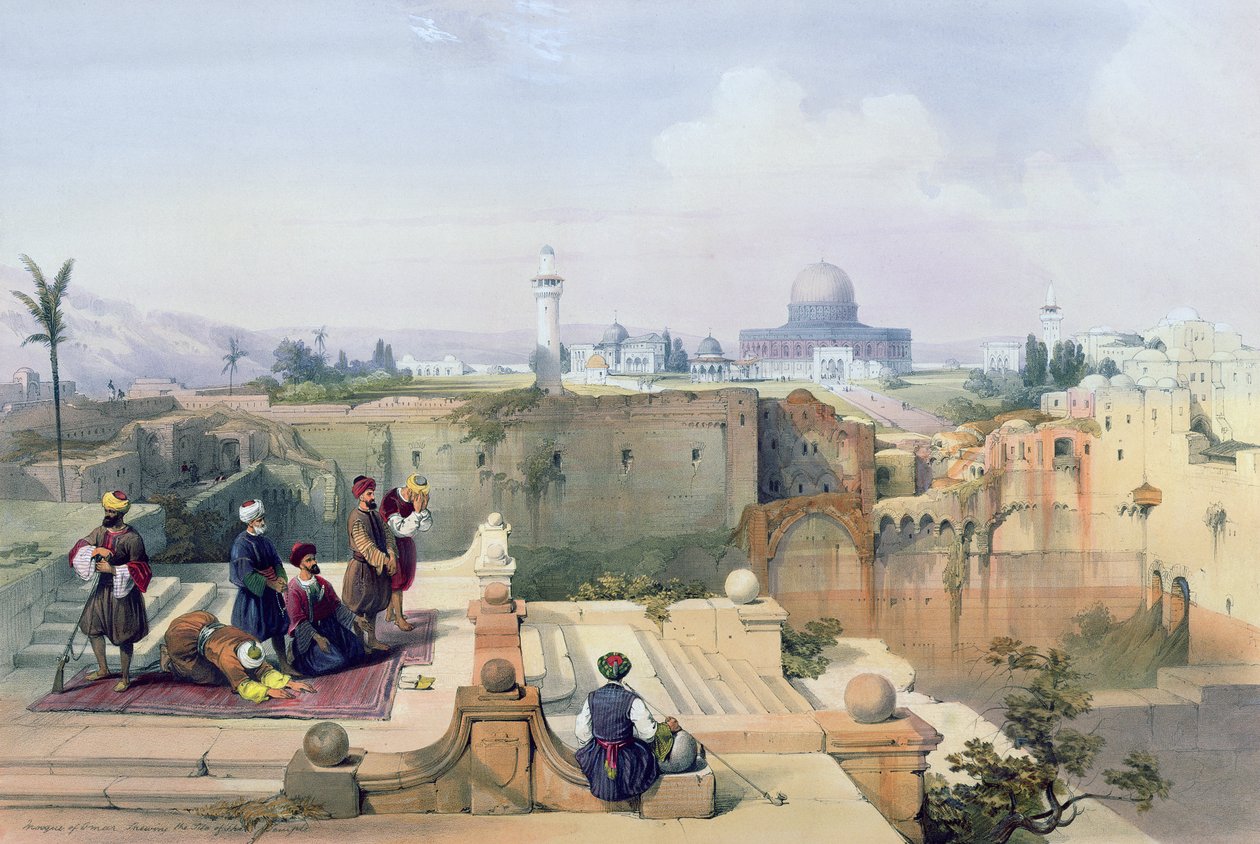 उमर की मस्जिद, मंदिर की साइट को दिखाती है, 1842 में प्रकाशित लुई हागे (1806-85) द्वारा उत्कीर्ण &39;द होली लैंड&39; के खंड I से प्लेट 8 द्वारा डेविड रॉबर्ट्स