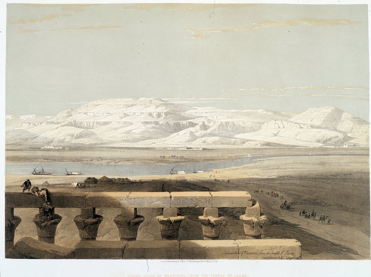 लीबिया में पहाड़, मिस्र में लक्सर के मंदिर से देखा गया। ड्राइंग ने 1838 को "" द होली लैंड "", लंदन 1849 . में बनाया द्वारा डेविड रॉबर्ट्स