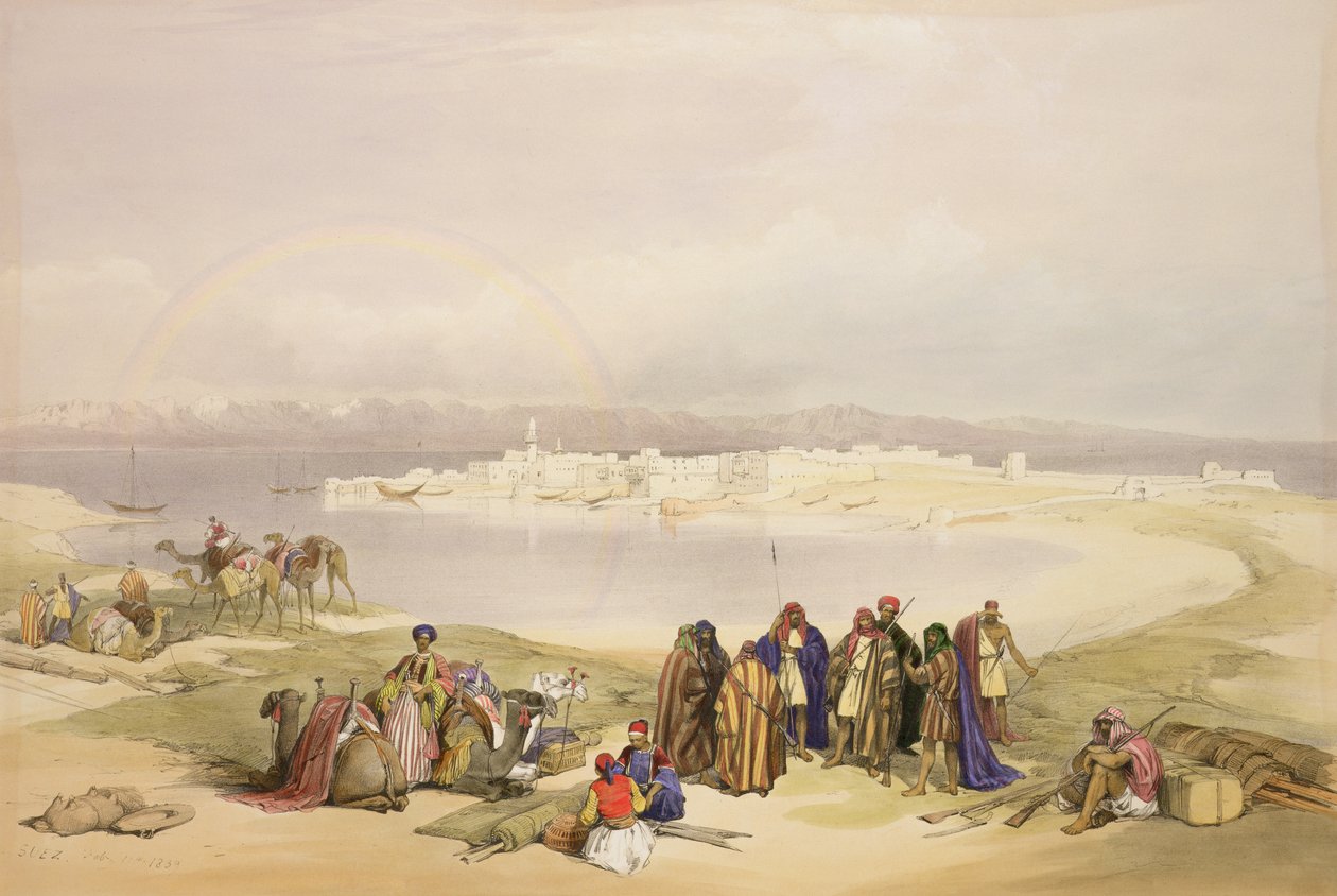 स्वेज, 11 फरवरी 1839, लुई हागे (1806-85) पब द्वारा उत्कीर्ण &39;द होली लैंड&39; के वॉल्यूम III से प्लेट 124। 1849 द्वारा डेविड रॉबर्ट्स