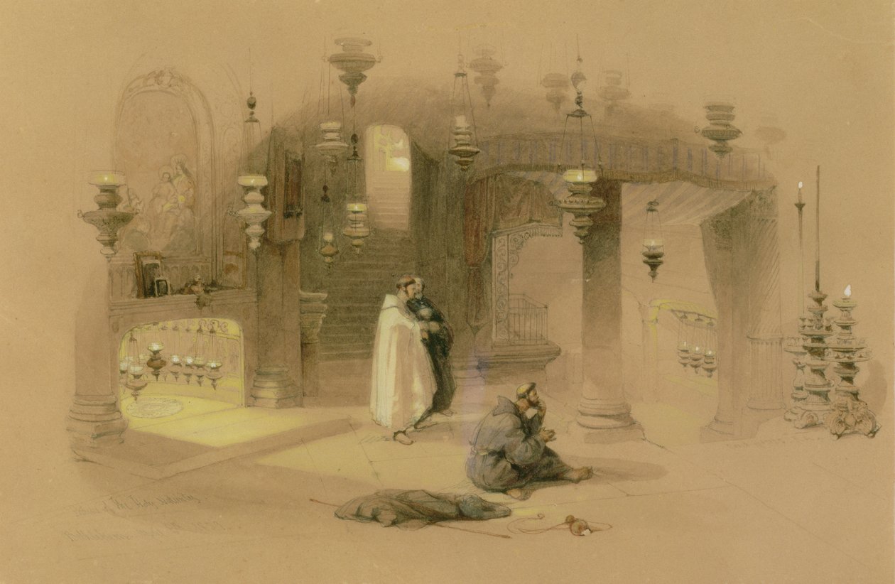 1839 में होली नटालिटी, बेथलहम, (पेंसिल के ऊपर wc, gouache & gum arabic with Buff paper) से ऊंचा हुआ श्राइन द्वारा डेविड रॉबर्ट्स