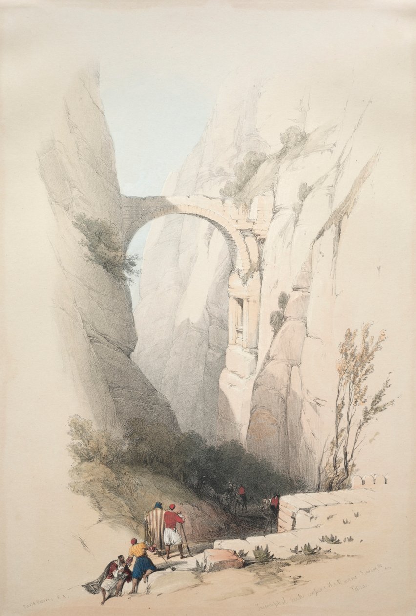 1839 में पेट्रा में रविन लीडिंग को पार करते हुए ट्रम्पल आर्क। द्वारा डेविड रॉबर्ट्स