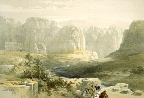पेट्रा दक्षिण में देख रहे हैं, मार्च 9, 1839, लुईस हेघे (1806-85) पब द्वारा उत्कीर्ण पवित्र भूमि के खंड III से प्लेट 106। 1849 द्वारा रॉबर्ट्स के बाद डेविड