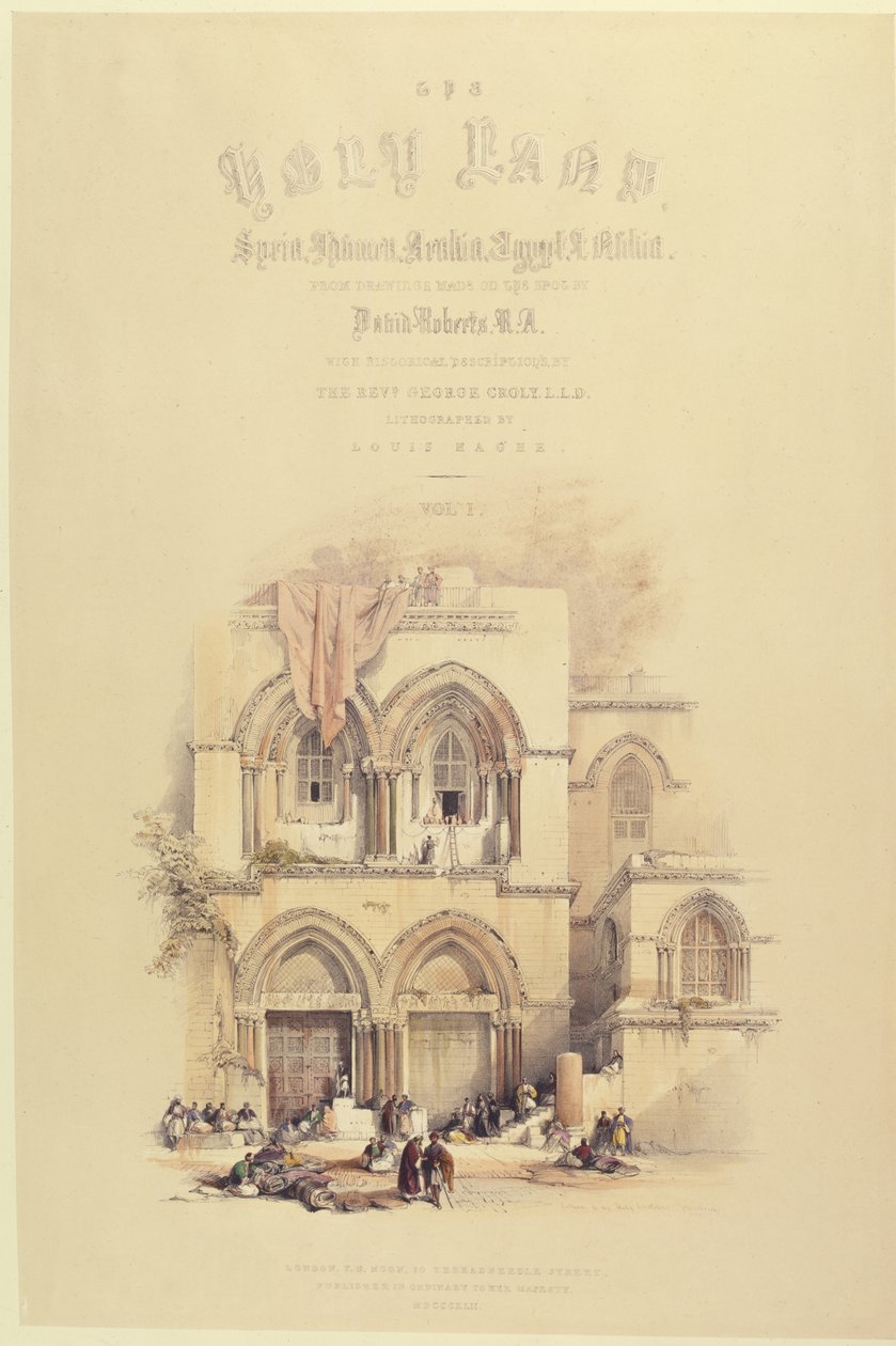 लंदन, 8842 में प्रकाशित लुई हेघे (1806-85) द्वारा उत्कीर्ण द होली लैंड के वॉल्यूम I से शीर्षक पृष्ठ द्वारा रॉबर्ट्स के बाद डेविड