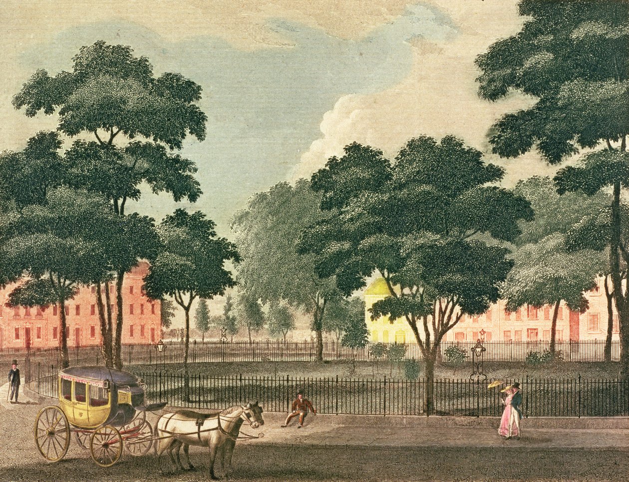 बॉलिंग-ग्रीन, ब्रॉडवे का दृश्य, न्यूयॉर्क मिरर, 1830 (रंग उत्कीर्णन) के लिए उकेरा और उकेरा गया द्वारा डेविस
