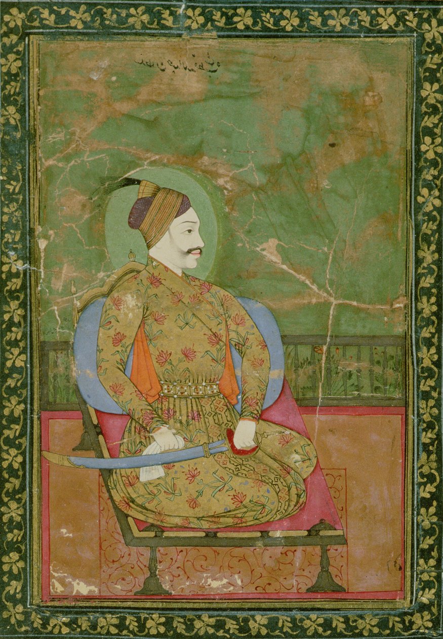 58.2025A सुल्तान अब्दुल्ला कुतुब शाह का चित्रण, गोलकुंडा, 1670, (सोने और फूलों से बने सोने के बॉर्डर वाले कागज पर गौचे) द्वारा डेक्कन स्कूल