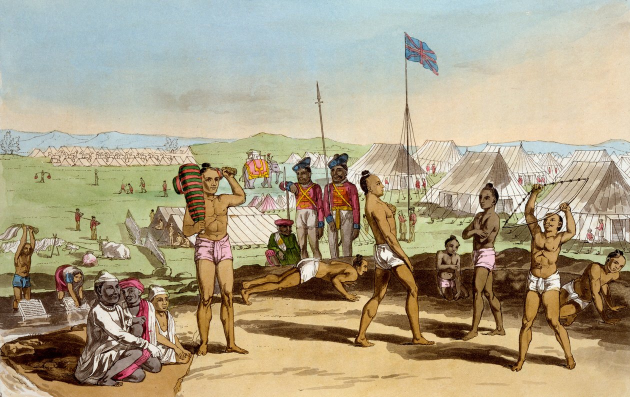 टीडी ब्रेटन द्वारा मूसा, 1813 (कॉलो) द्वारा निर्मित &39;द कॉस्टयूम, कैरेक्टर, मैनर्स, डोमेस्टिक हैबिट्स एंड द ग्रेटियस सेरेमनी ऑफ द महराटस&39; से ब्रिटिश रेजिडेंट कैंप का एक दृश्य द्वारा दीन एले