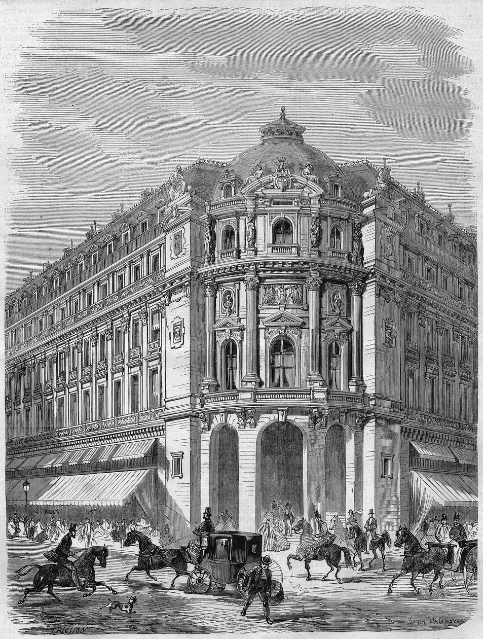 1867 से 1869 में निर्मित ऑगस्टे मैग्ने की योजनाओं के आधार पर पेरिस में बुलेवार्ड डेस कैपुसीन और रुए डे ला चौसी-डी'एंटिन के कोने पर वाडेविल के नए थिएटर के अग्रभाग की परियोजना। मोरिन द्वारा एक चित्र के बाद उत्कीर्णन और डेलानॉय। "" L'un . मे द्वारा डेलानॉय डेलानॉय