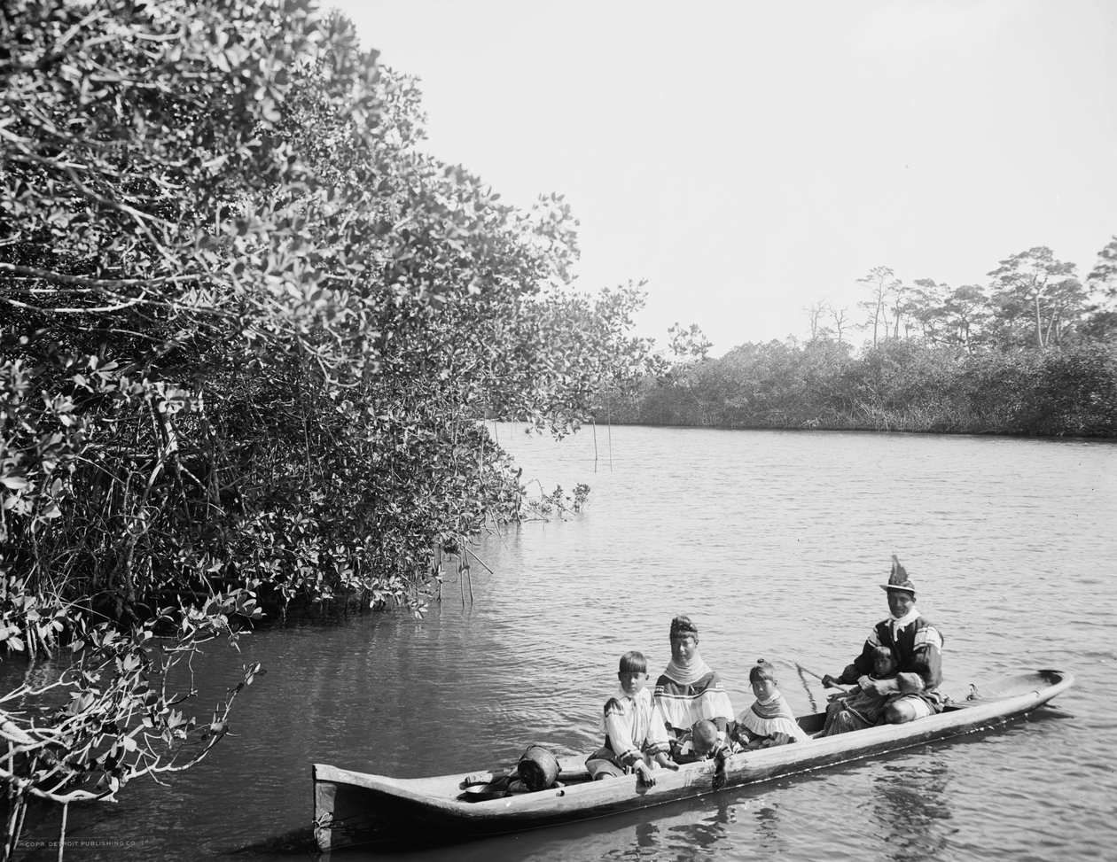सेमिनोले इंडियन एंड फैमिली डगआउट डोंगी, मियामी, फ्लोरिडा, c.1910-20 द्वारा डेट्रोइट प्रकाशन कंपनी