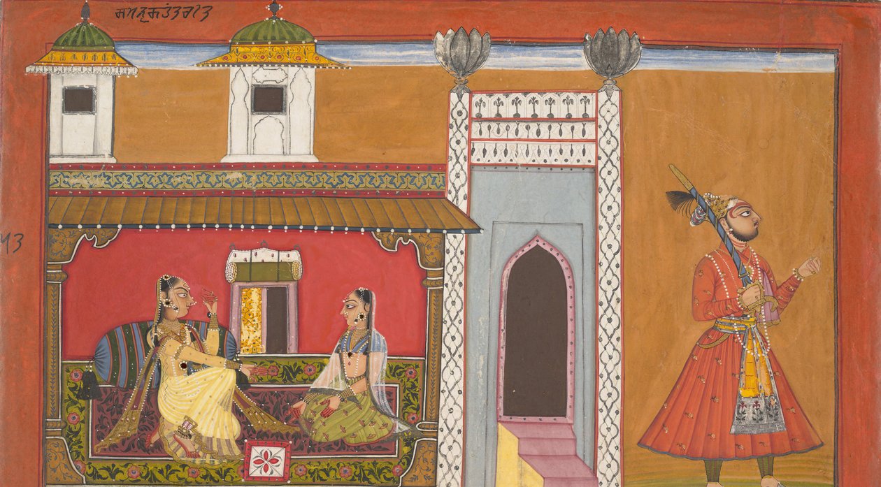 एक तवायफ और उसका प्रेमी एक झगड़े से अलग हुआ: एक रसमंजरी श्रृंखला का पृष्ठ, 1694-95। द्वारा नूरपुर की देवीदास