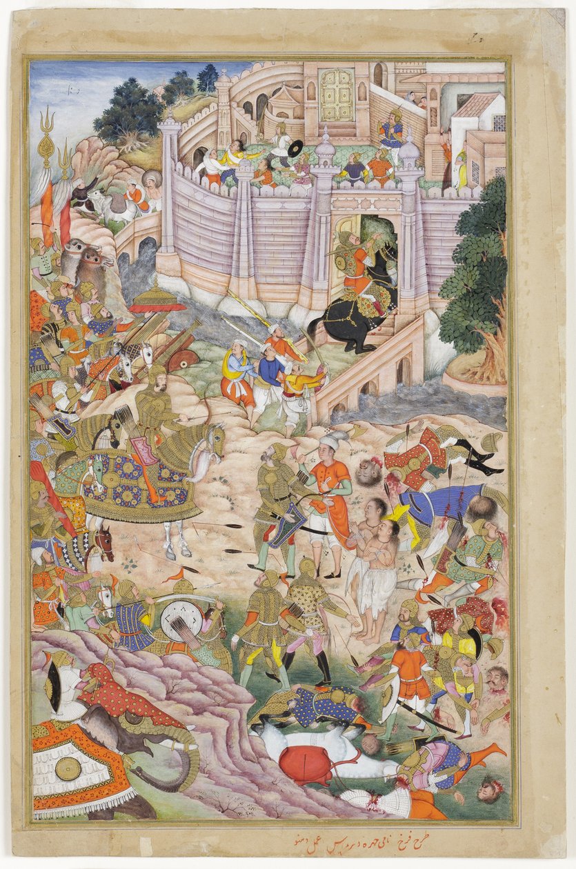 बाबर के सैनिक काबुल में किले ले जाते हैं, c.1590-1600 (कागज पर अपारदर्शी wc und सोना) द्वारा धन्नु, और धर्मदास फारुख
