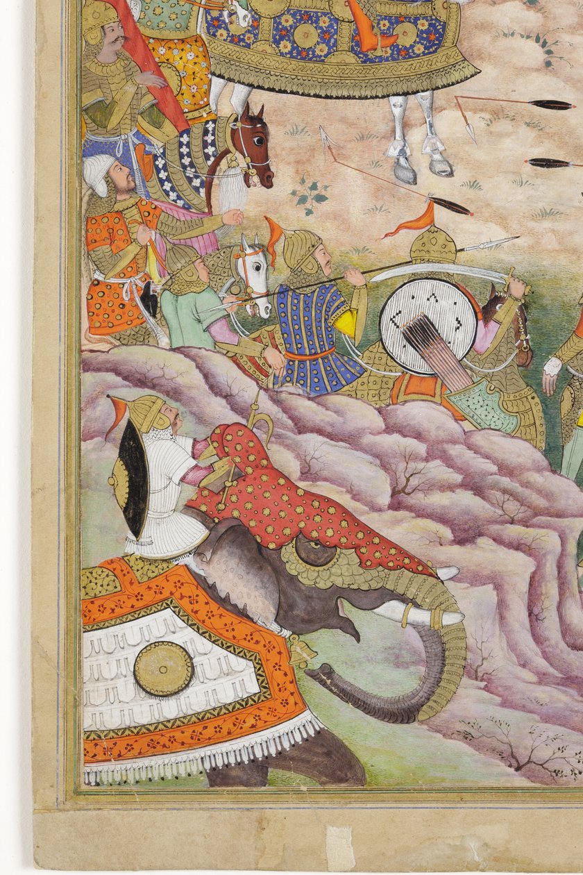 काबुल के किले को बाबर की सेनाओं से विस्तार में ले जाना, c.1590-1600 (कागज पर अपारदर्शी wc und सोना) द्वारा धन्नु, और धर्मदास फारुख