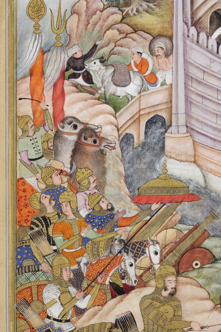 काबुल के किले को बाबर की सेनाओं से विस्तार में ले जाना, c.1590-1600 (कागज पर अपारदर्शी wc und सोना) द्वारा धन्नु, और धर्मदास फारुख