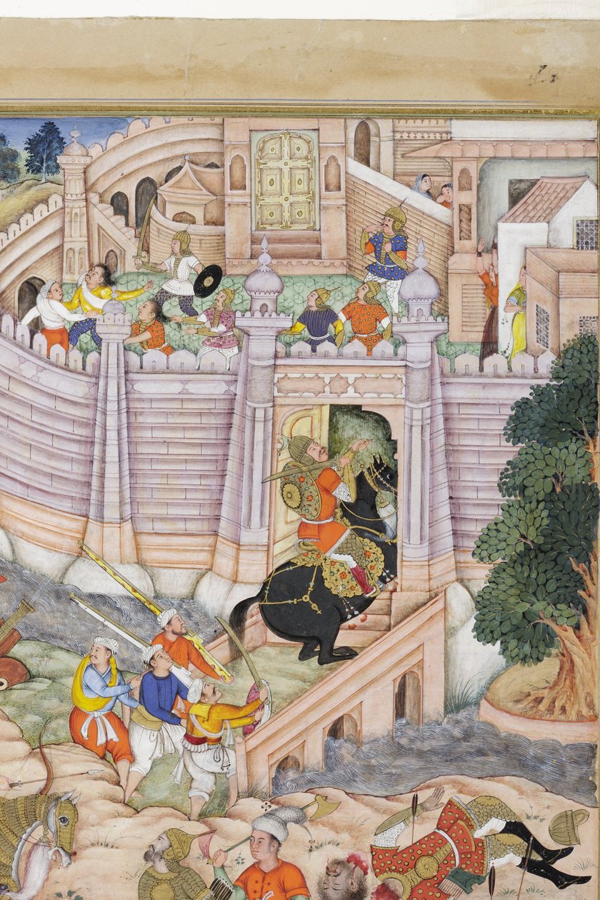 काबुल के किले को बाबर की सेनाओं से विस्तार में ले जाना, c.1590-1600 (कागज पर अपारदर्शी wc und सोना) द्वारा धन्नु, और धर्मदास फारुख