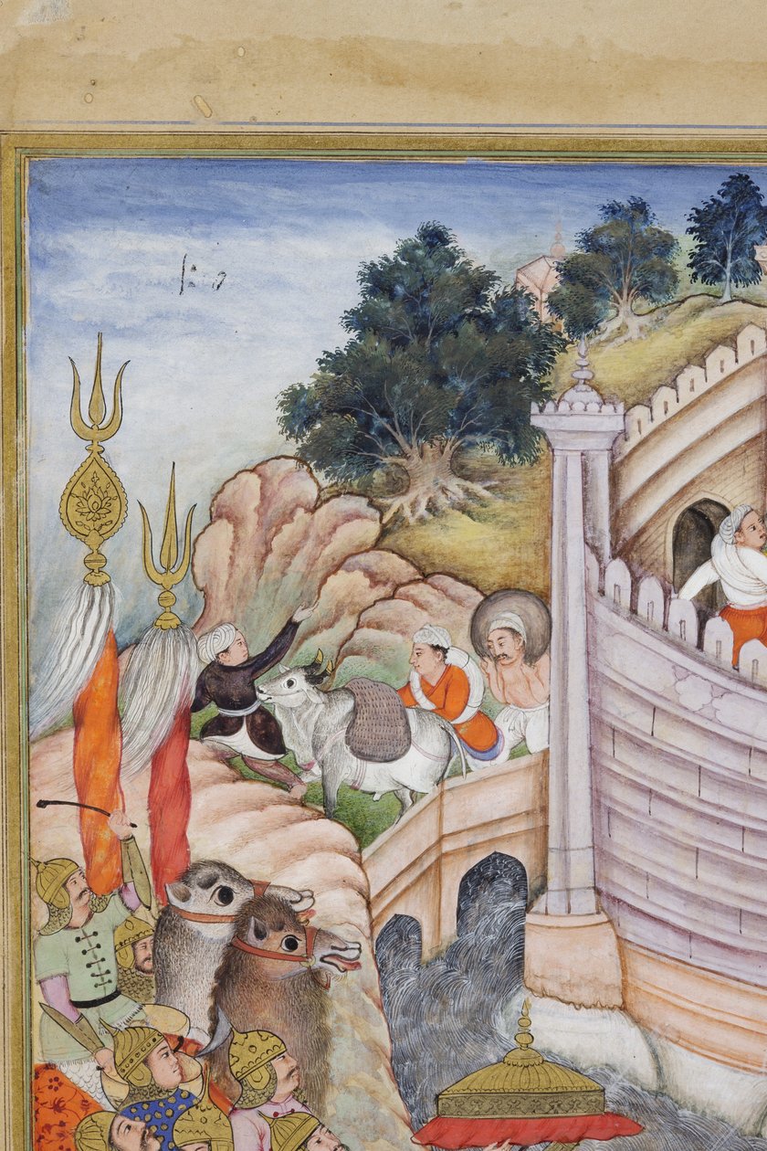 काबुल के किले को बाबर की सेनाओं से विस्तार में ले जाना, c.1590-1600 (कागज पर अपारदर्शी wc und सोना) द्वारा धन्नु, और धर्मदास फारुख